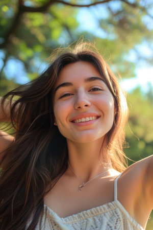 Woman with long brown hair is smiling and wearing necklace. Concept of happiness and positivityの素材