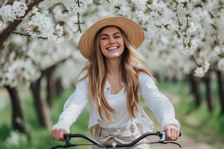 Woman is riding bicycle in field of white flowers. She is smiling and wearing straw hatの素材