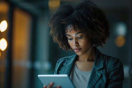 A woman with curly hair is looking at a tablet. She is wearing a black jacket and a white shirtの素材