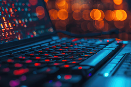A laptop with a red keyboard and a blue screen. The image has a mood of excitement and energy, as the bright colors and the close-up of the keyboard make it look like it's in useの素材