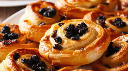 Plate of pastries with blueberries on top. Pastries are golden brown and look deliciousの素材