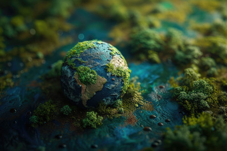 Small planet covered in green moss and surrounded by water. Concept of world that is in state of decay and is struggling to surviveの素材