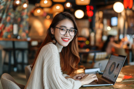 A woman is sitting at a table with a laptop in front of her. She is wearing glasses and has a big smile on her faceの素材