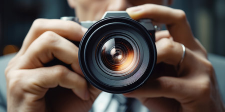 A man is holding a camera and taking a picture. The camera lens is black and the image is blurryの素材