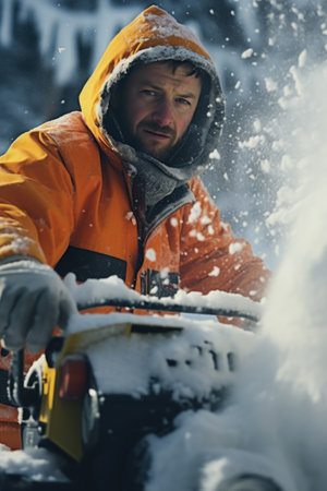 A man in an orange jacket is using a snow blowerの素材