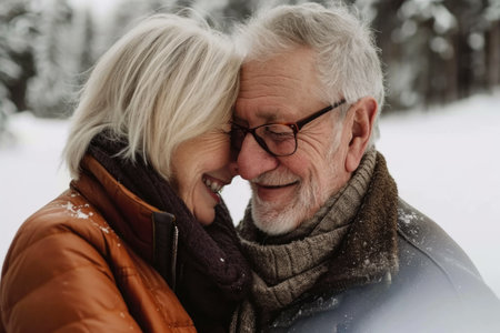 A man and woman are hugging in the snow. The man is wearing glasses and the woman is wearing a scarf. They are both smiling and seem to be enjoying each other's companyの素材