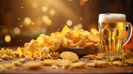 Glass of beer sits on table next to pile of popcorn. Scene is casual and relaxed, with popcorn and beer suggesting fun and laid-back atmosphereの素材