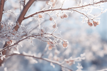 A tree branch covered in frost and snow. The branches are bare and the leaves are goneの素材