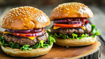Two hamburgers with lettuce and onions on top. One is on the left and the other on the rightの素材