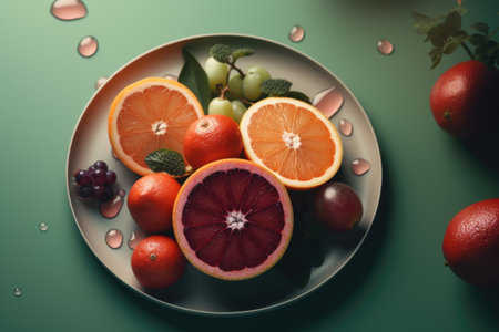 Plate of fruit with variety of oranges and red grapefruit. Plate is on green tableの素材