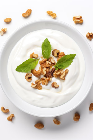 A bowl of yogurt with walnuts and mint leaves on topの素材