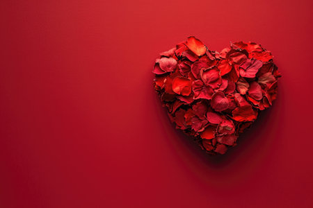 A heart made of red petals is on a red background. The heart is surrounded by petals and looks like it is made of flowers. Concept of love and affectionの素材
