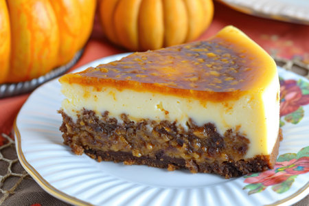 A slice of pumpkin cheesecake on a white plateの素材
