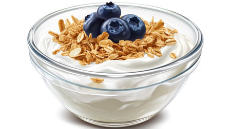 Bowl of cereal with blueberries and oatmeal. Bowl is half full and cereal is scattered throughout bowlの素材