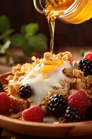 Bowl of cereal with honey and berries on topの素材