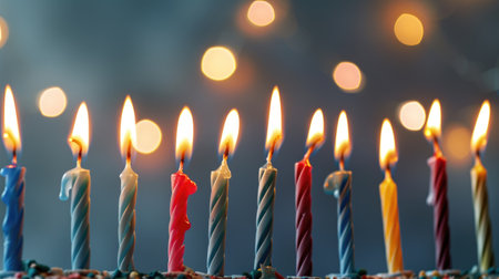 A row of candles on a cake with the numbers 1 to 12 on them. The candles are lit and the cake is ready for a birthday celebrationの素材