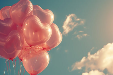 Pink balloons with hearts are floating in the sky. The balloons are scattered in different directions, creating a sense of freedom and joyの素材