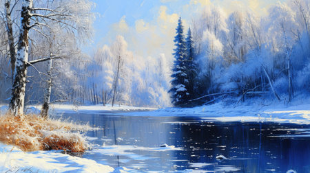 A painting of a snowy landscape with a river and trees. The mood of the painting is peaceful and sereneの素材