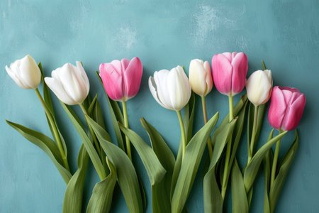 A row of pink and white tulips are arranged on a blue background. The flowers are in full bloom and create a sense of freshness and beauty. The blue background adds a calmingの素材