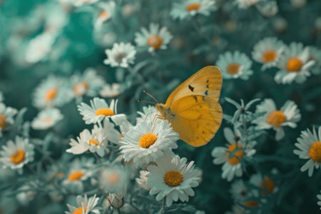 A yellow butterfly is sitting on a flower in a field of white flowers. The image has a serene and peaceful mood, as the butterfly is surrounded by the beauty of natureの素材