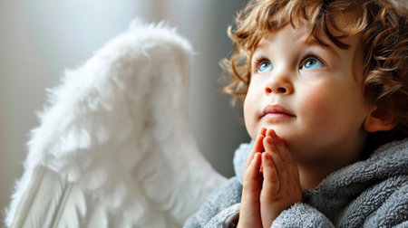 A young child is praying with his hands clasped in front of a white angel wing. The child's eyes are closed and he is in a peaceful and serene state. Concept of innocence and spiritualityの素材