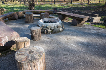 An outdoor camping area with wooden benches, picnic tables, and a fire pit in a lush green park.の写真素材