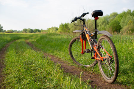 A red and black mountain bike with a kickstand up and parked on a grassy area next to an unpaved road.の写真素材