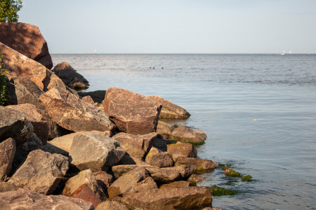 A serene rocky shoreline with calm waters under a clear sky.の写真素材