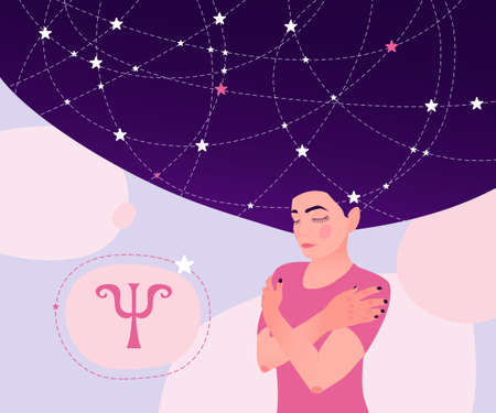 Latin symbol of psychology. Topic of mental health, technology of personal protection from stress. Motivating technologies, own success. Psychotherapeutic help. Training in effective communication.のイラスト素材