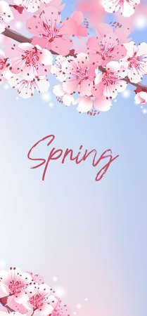 Summer landscape vector illustration. Invitation template with pink sakura. Floral greeting card. Beautiful print with blossoming dark and light cherry flowers on blue sky. Japanese wedding style.のイラスト素材