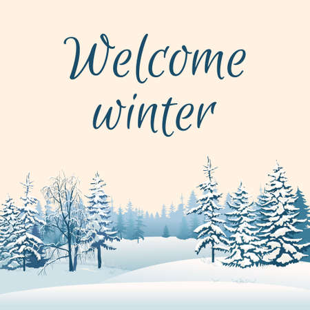 Winter forest landscape with snow-covered pine trees in the foreground. Lying snowdrifts. Winter is coming. Background for banner, greeting card, poster and advertising. Vector illustration.のイラスト素材