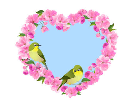 Valentines day card with pink heart-shaped flowers and a pair of Japanese nightingales. Vector illustration. A wreath of cherry blossoms. Cherry blossoms in spring. Symbol of love.のイラスト素材