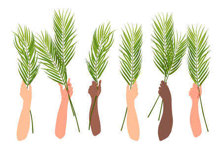 Celebration of palm Sunday in the Christian tradition. Hands are raised with palm branches, the hands of people of different nationalities celebrating a religious holiday. Isolated vector.のイラスト素材