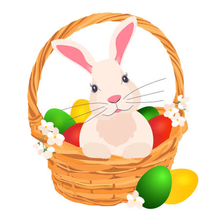 Illustration of an Easter Bunny in a basket with eggs. Vector graphics to design stickers in the Easter holidays.のイラスト素材