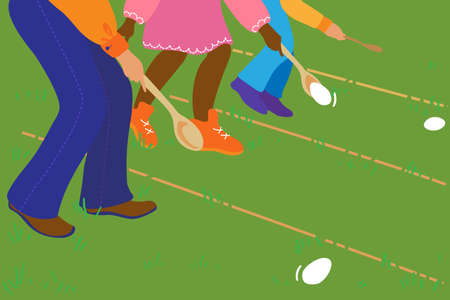 Rolling Easter eggs in front of the White house is a traditional fun in the United States. Competing, children roll boiled eggs with ladles across the lawn of the Presidents residence.のイラスト素材