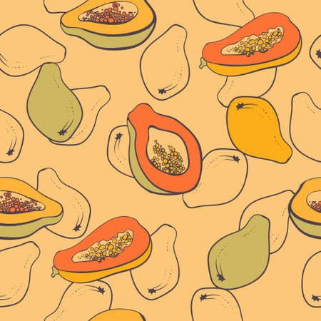 Seamless pattern with papaya fruit. Vector hand drawn illustration.のイラスト素材