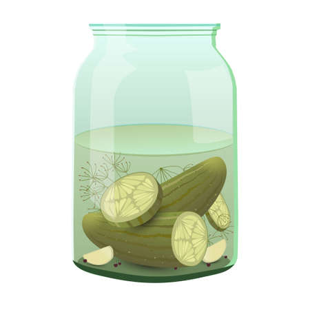 Glass jar with salted cucumbers. Vector graphics of vodka snacks. Pickle in brine.のイラスト素材