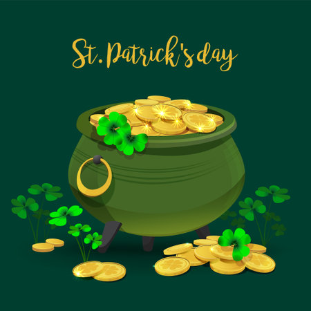 Happy Saint Patricks day, Irish holiday illustration with leprechaun gold in cauldron on green background. Vector Ireland festival symbol of lack. Shamrock and coins with lucky clovers.のイラスト素材