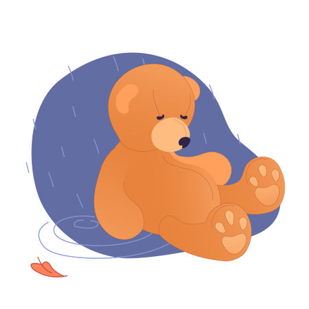 Abandoned Teddy bear in the autumn rain on white background. Vector illustration of loneliness, uselessness, state of melancholy. Concept mental depression, suicide problems, growing up, goal revisionのイラスト素材