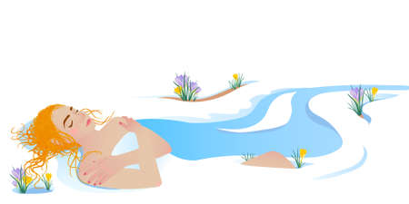 The concept of the awakening of nature after winter. The girl who wakes up in the image of spring. Melting snow, streams and snowmelt, crocuses and spring flowers. The awakening of nature from sleep.のイラスト素材
