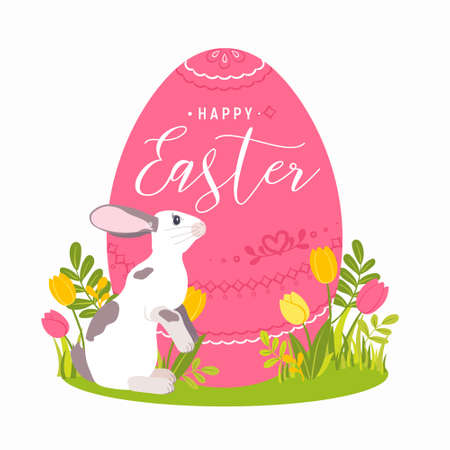 A white rabbit sits next to the Easter symbol. The pink egg is decorated with ornaments. Greeting card concept. Green spring grass and tulips. Vector illustration on a white background.のイラスト素材