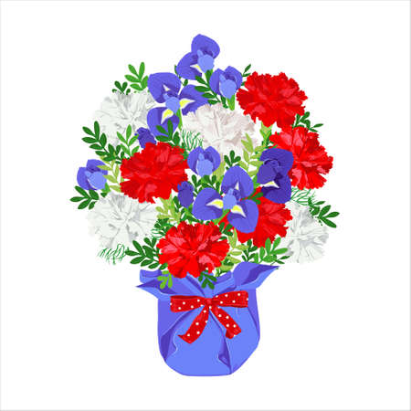 A bouquet of blue irises, red and white carnations.のイラスト素材