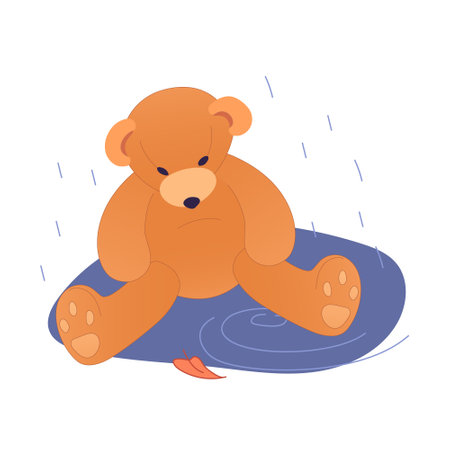 Sad teddy bear in a puddle in the autumn rainのイラスト素材