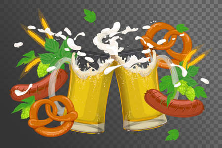 The clink of glasses with beer and snacks on a transparent background. Vector.のイラスト素材