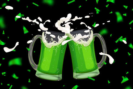 Two mugs of green beer and falling confettiの写真素材