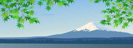 Mount Fuji surrounded by green maple branchesのイラスト素材