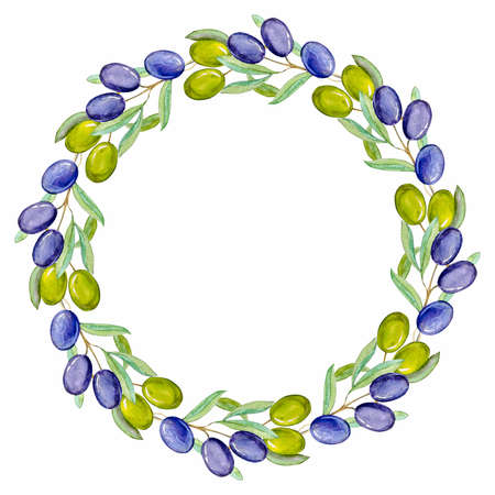 Watercolor olive branch wreath illustrationの写真素材