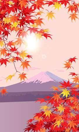 Mount Fuji surrounded by orange maple branchesの写真素材
