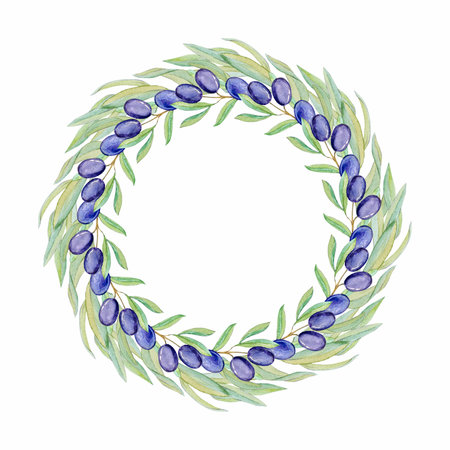 Watercolor olive branch wreath illustrationの写真素材