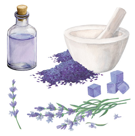 Mortar, bottle, sakha, lavender flowers. Watercolor illustrationの写真素材
